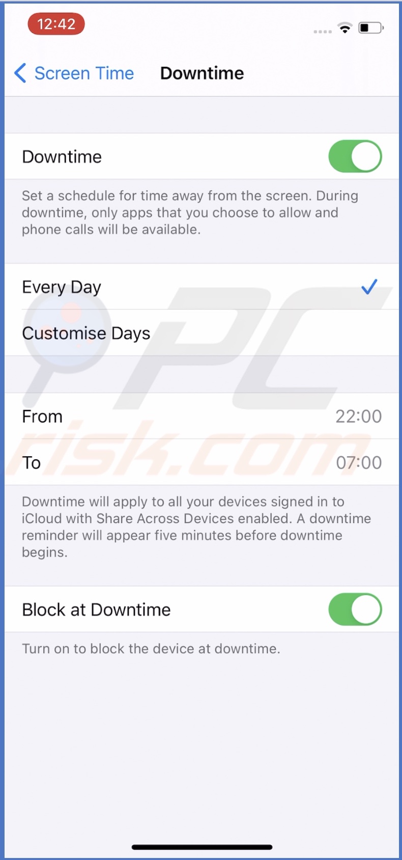 Set Downtime duration in iOS