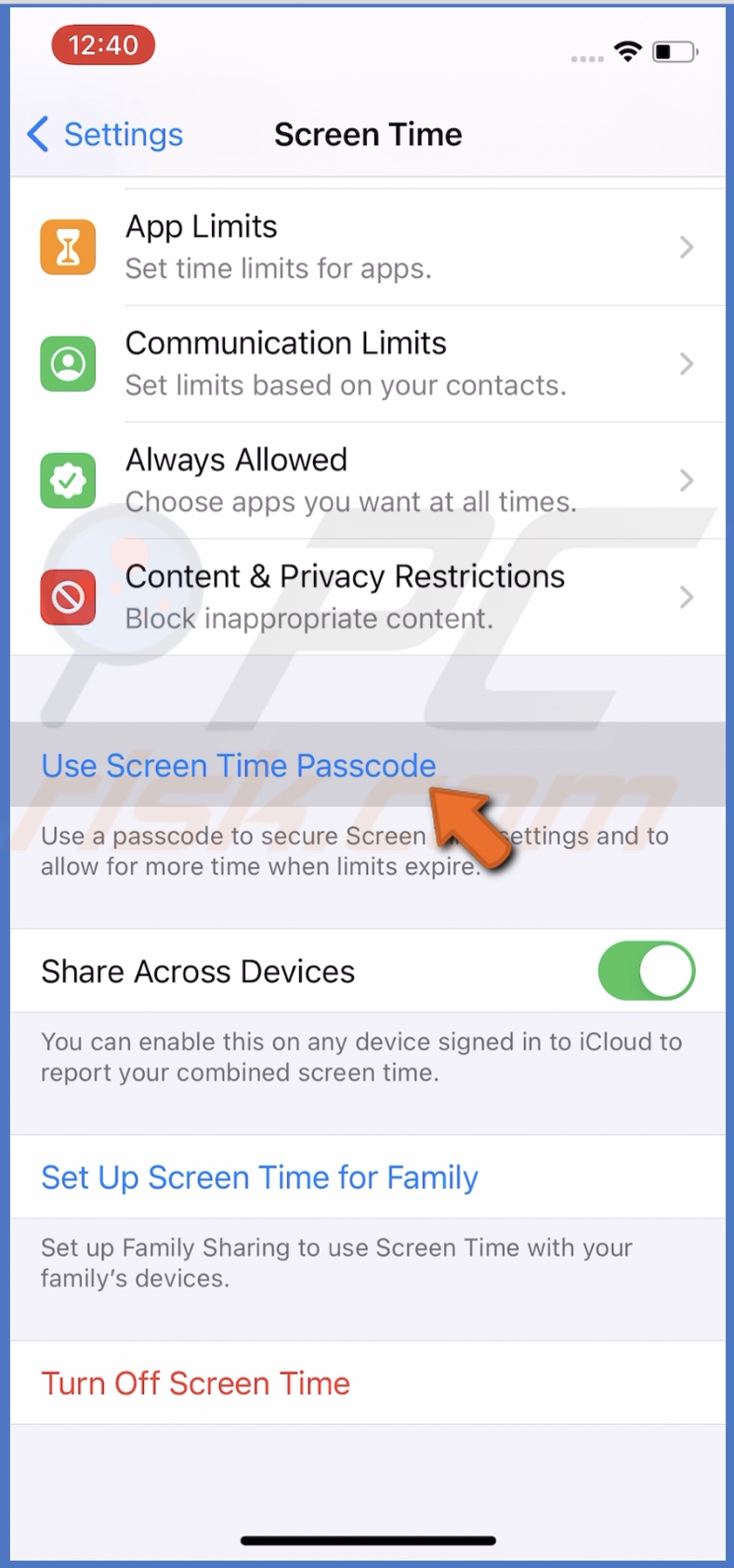 Set Screen Time passcode in iOS