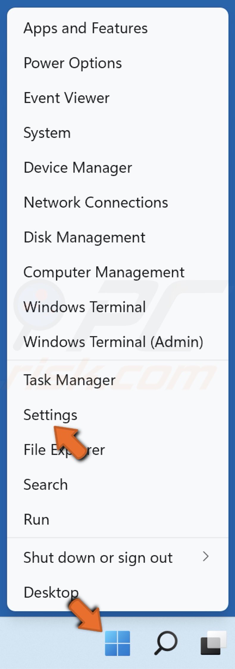 Right-click the Windows Start menu button and click Settings