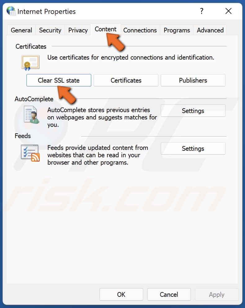 Select the Content tab and click Clear SSL state