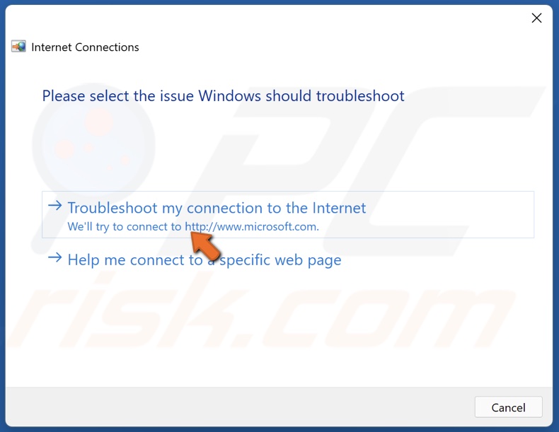 Click Troubleshoot my connection to the Internet