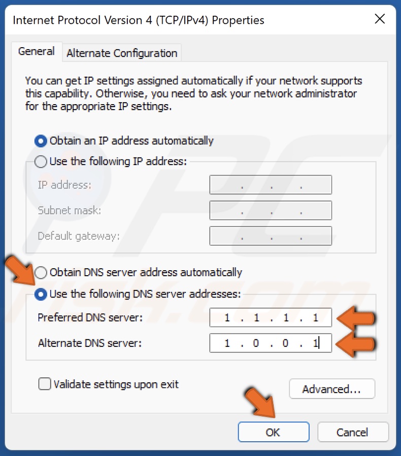 Enter alternative DNS server addresses