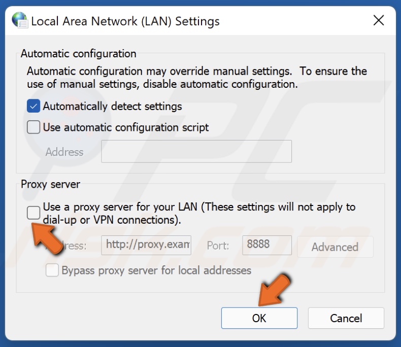 Uncheck the Use a proxy server for your LAN checkbox and click OK.