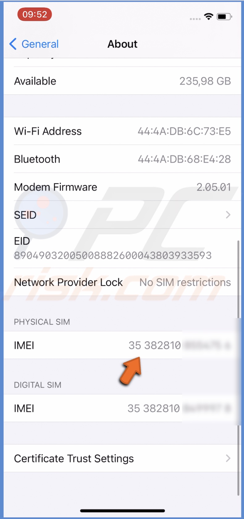 See iPhone IMEI in settings