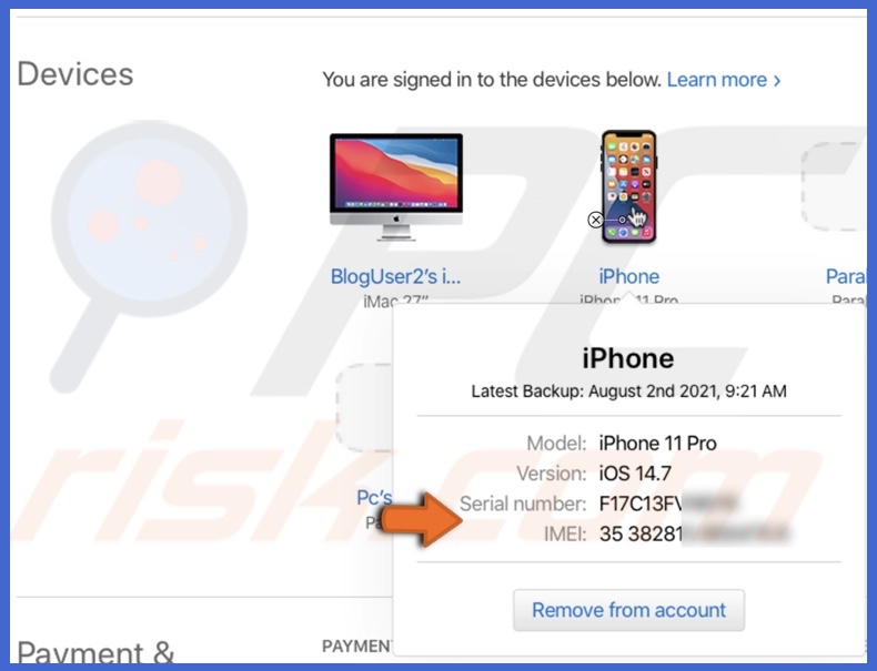 View iPhone IMEI and serial number in Apple ID