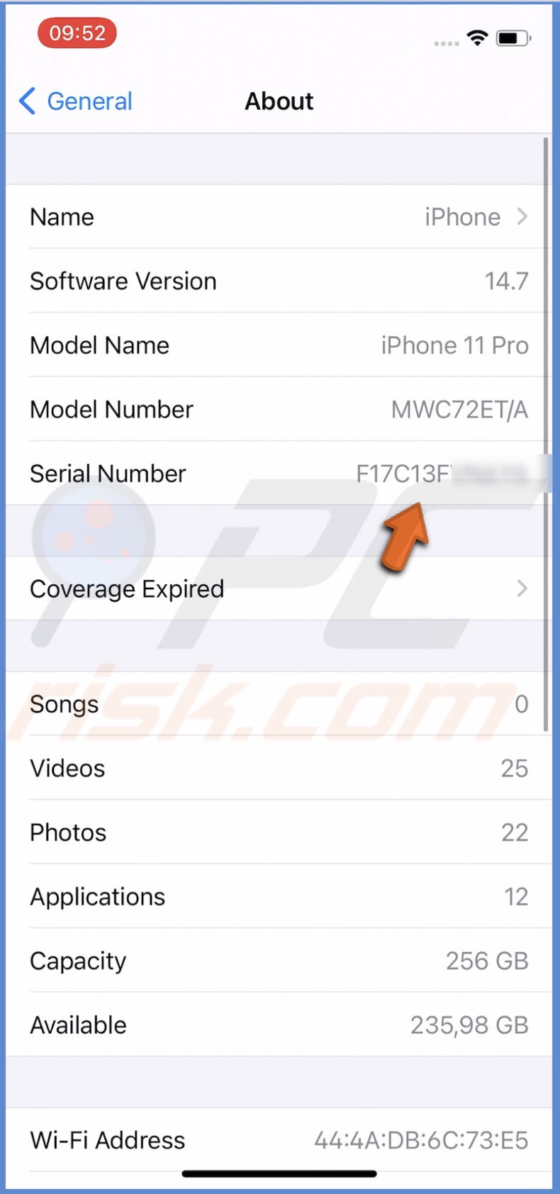 See iPhone Serial number in settings