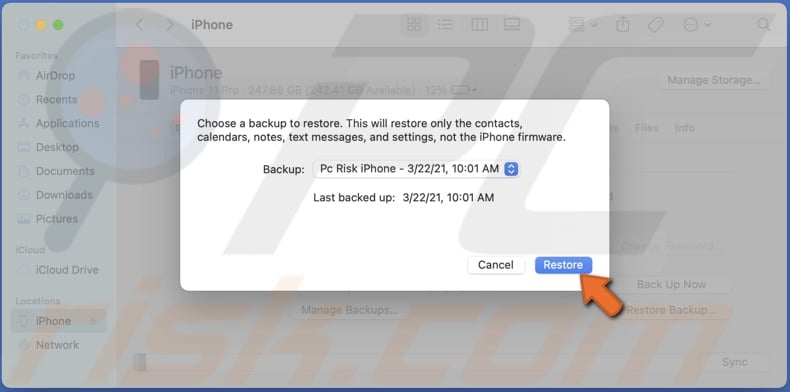 Restore iPhone backup from Finder