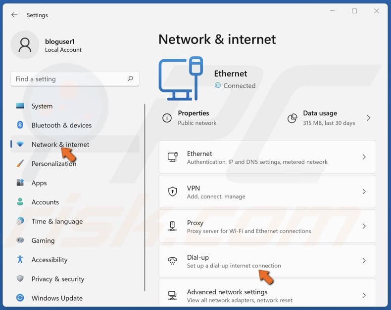 Select network & internet and select Dial-up