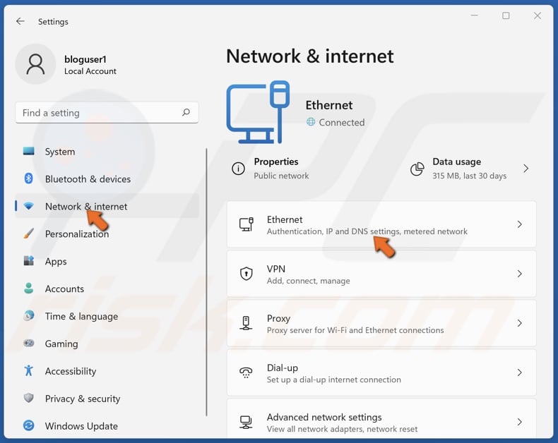 Select Network & internet and select Ethernet