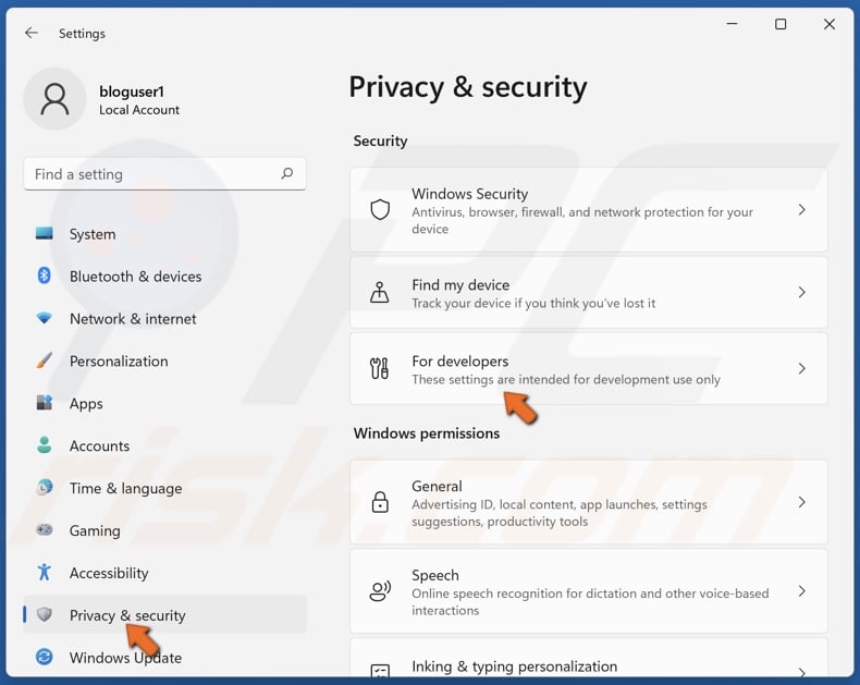 Select Privacy and security and select For developers