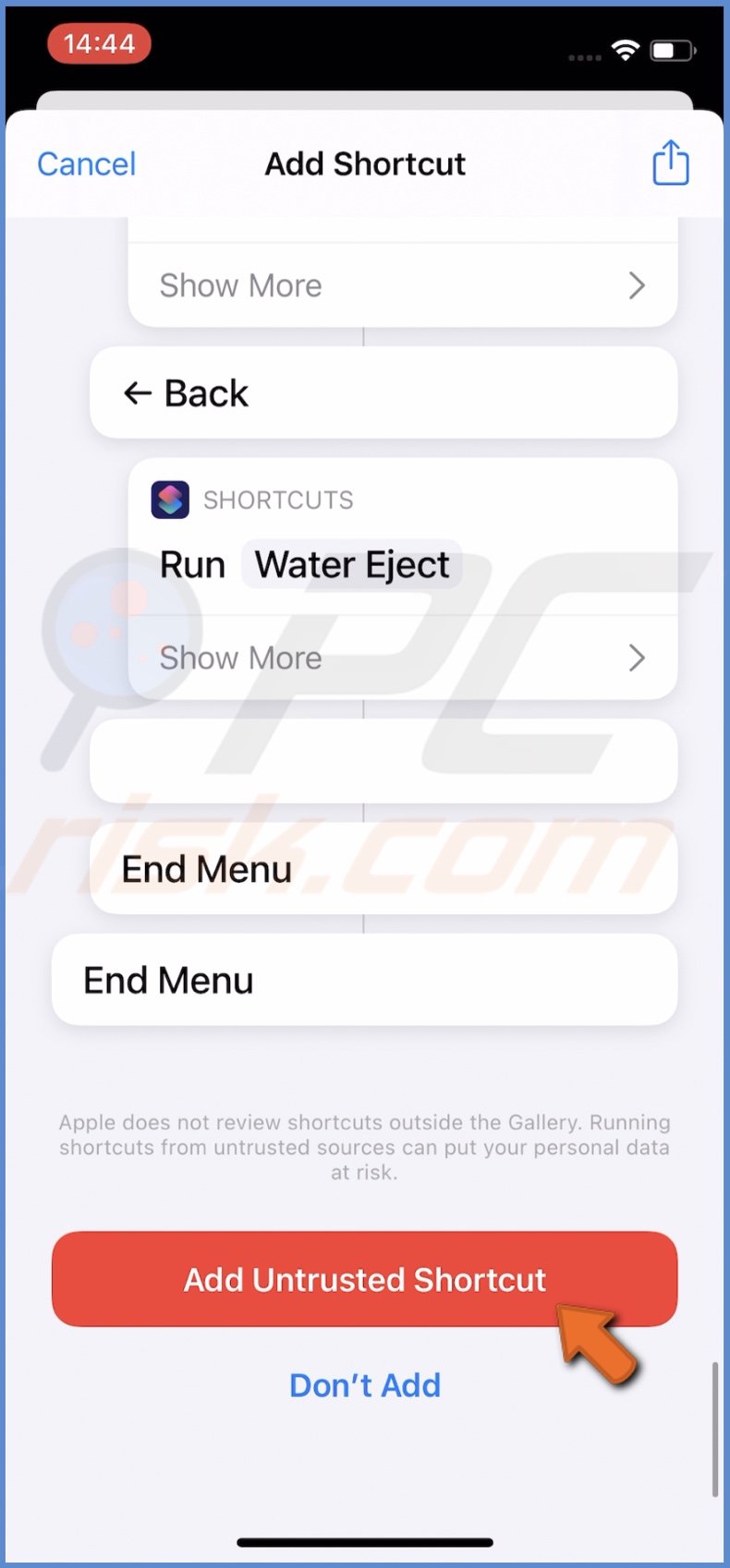 Tap on Add Untrusted Shortcut