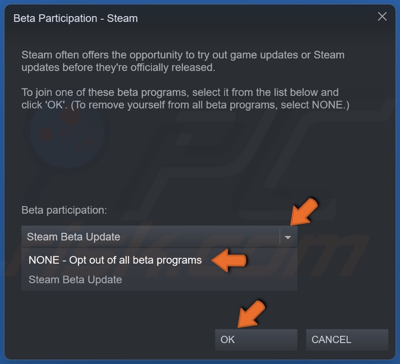In the drop-down menu, click None - Opt out of all beta programs
