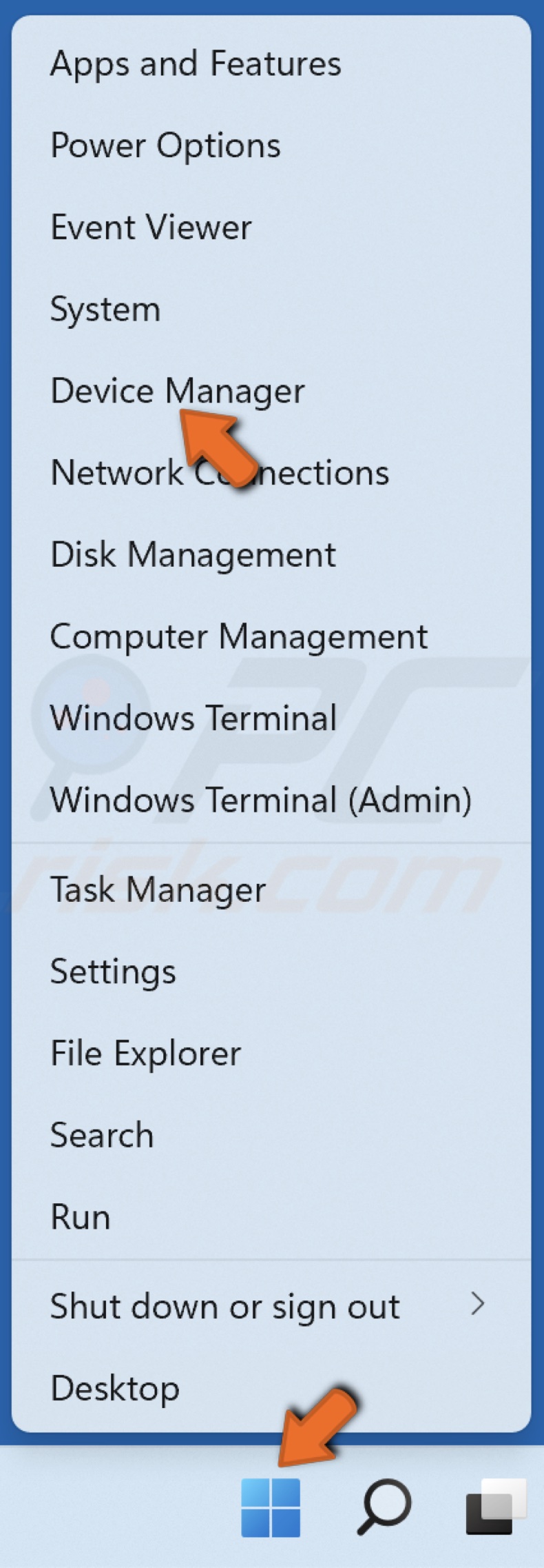 Right-click Start and click Device Manager