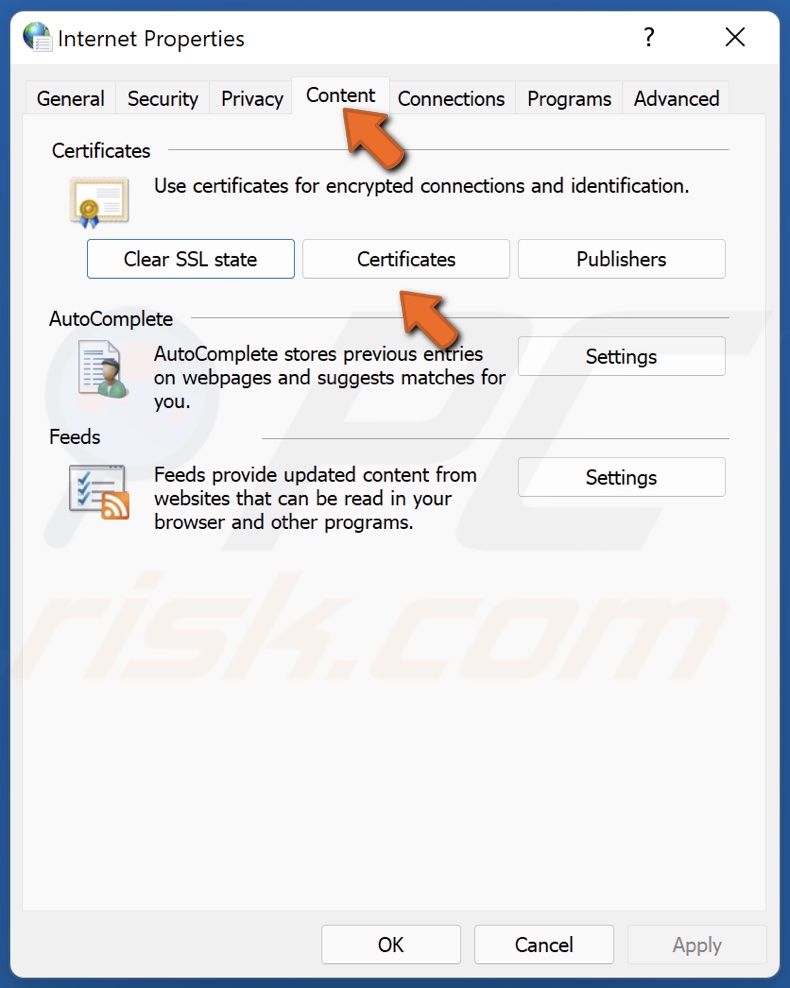 select the Contet tab and select Certificates