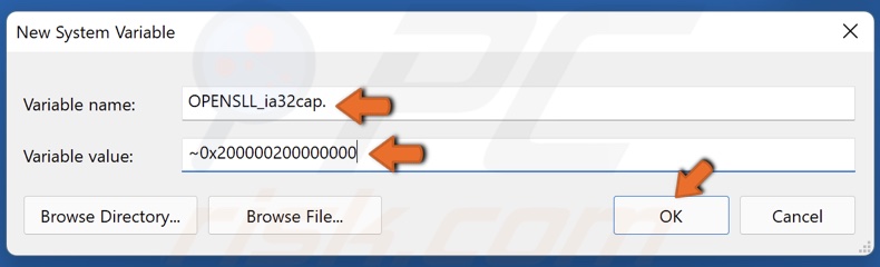 Type in OPENSSL_ia32cap in the variable name field and ~0x200000200000000 in the variable value field