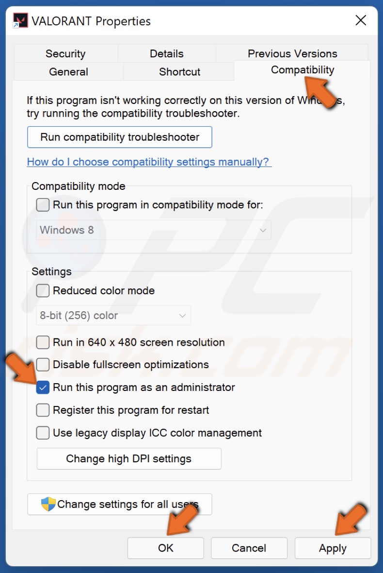 Mark the Run this program as an administrators checkbox and click OK