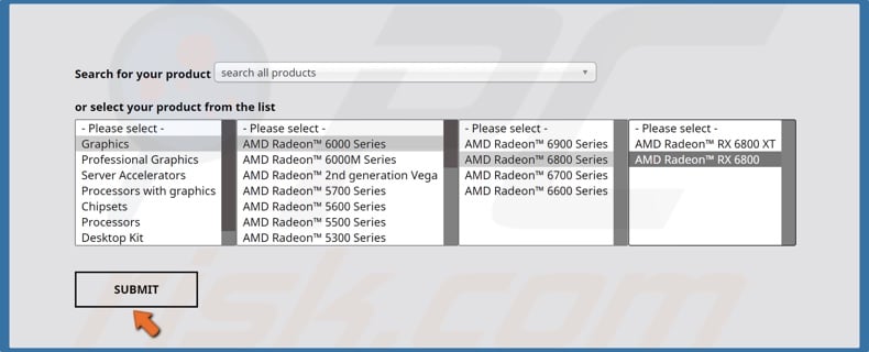Select AMD graphics card model and click Submit