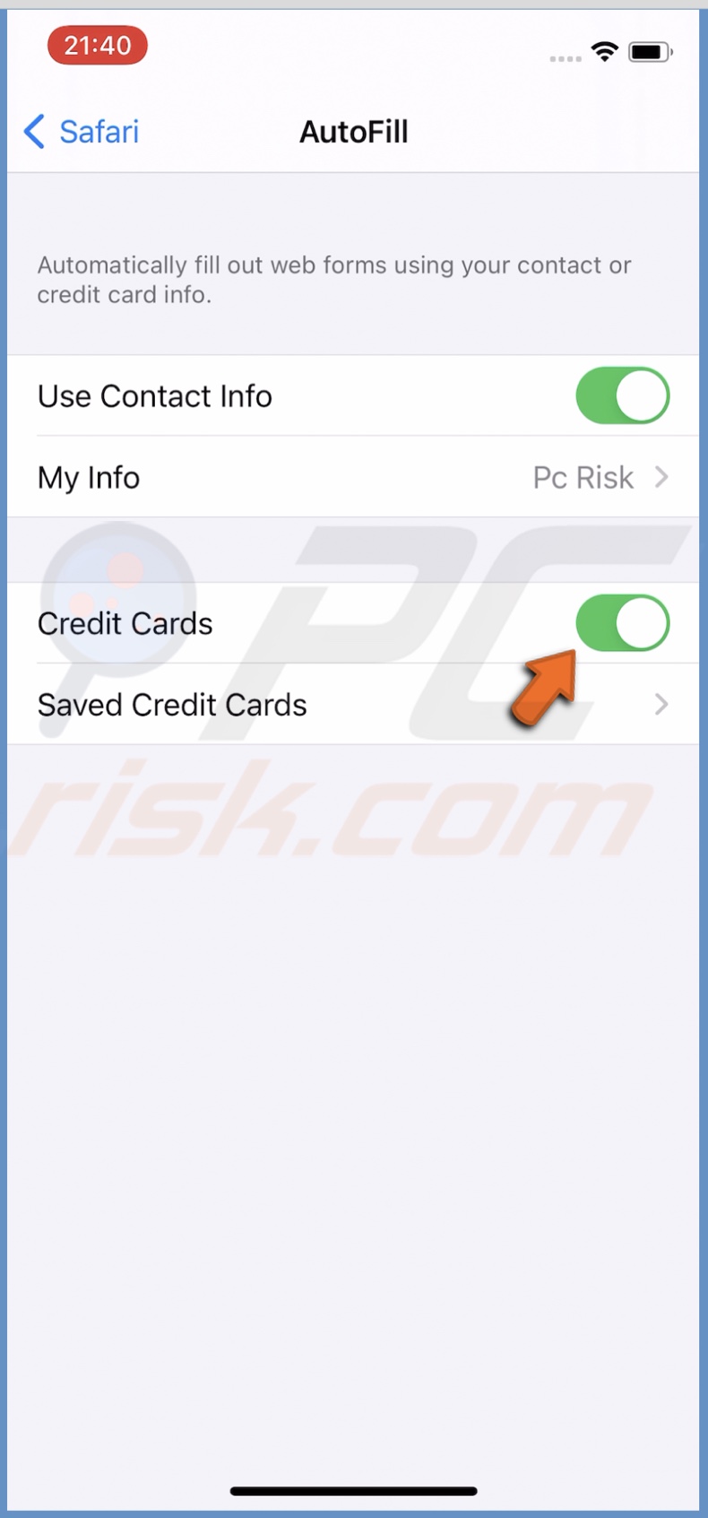 Enable Credit Cards autofill
