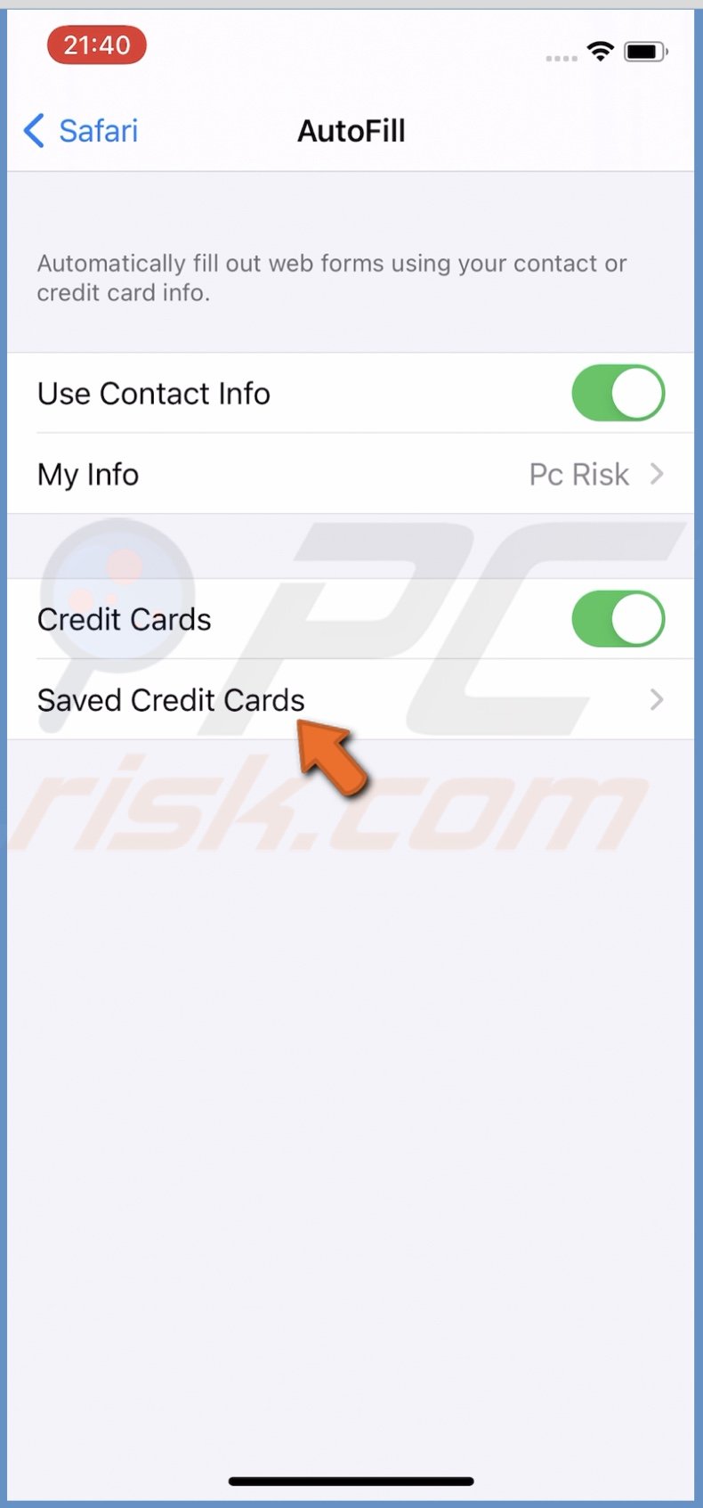 Tap on Saved Credit Cards