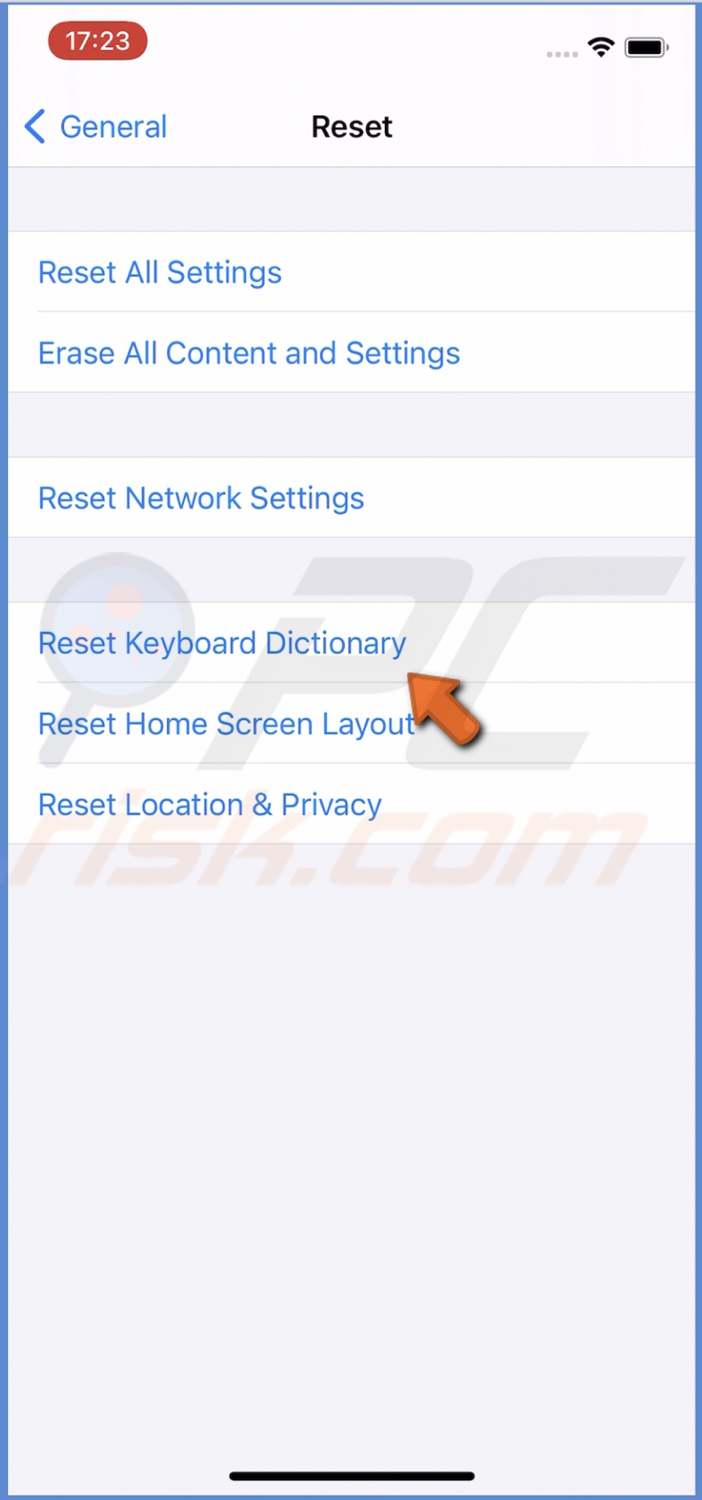 Tap on Reset Keyboard Dictionary