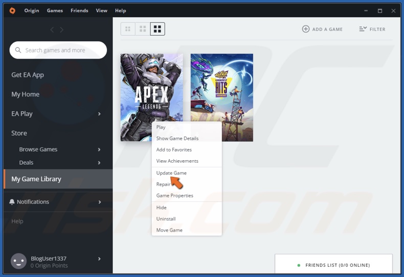 Right-click Apex Legends and click Update Game