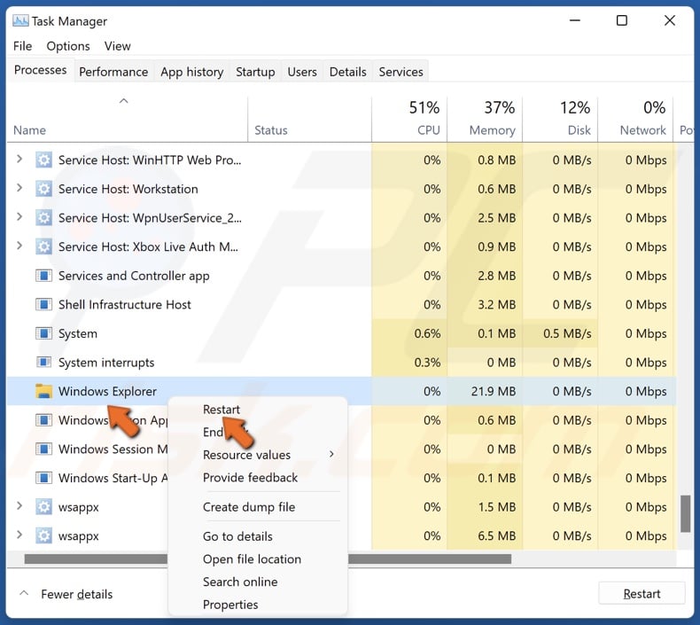 Right-click Windows Explorer and click Restart