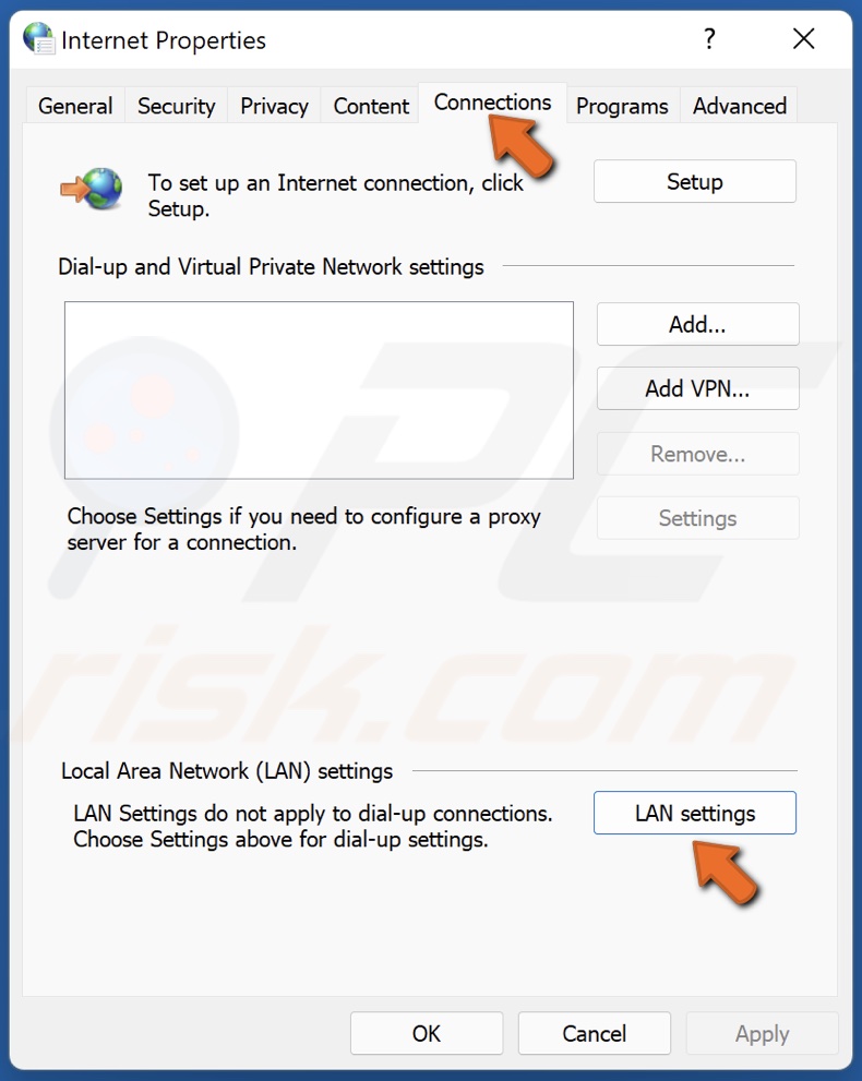 Select the Connection tab and select LAN settings