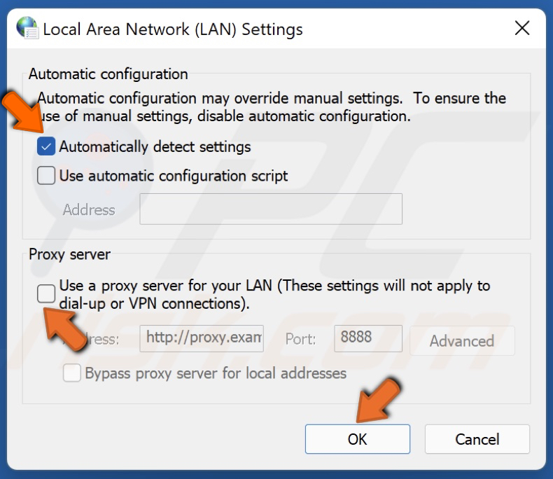 Unmark the Use a proxy server for your LAN and mark Automatically detect settings