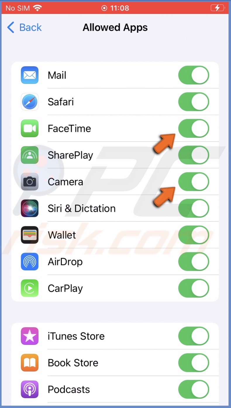 Disable FaceTime and Camera restrictions