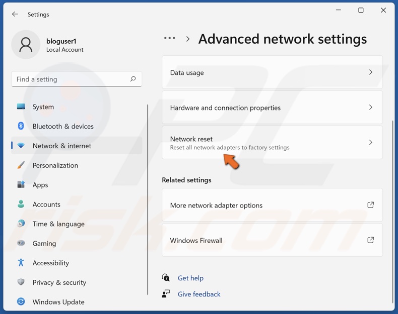 Select Network reset