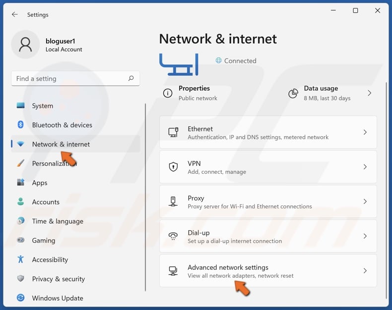 Select Network & internet and click Advanced network settings