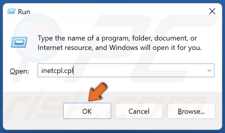 Type in inetcpl.cpl in Run and click OK