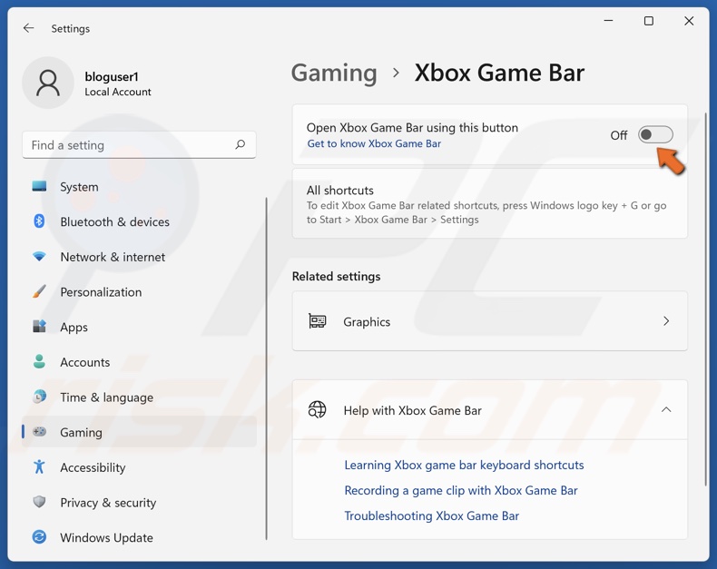 Toggle off Open Xbox Game Bar using this button