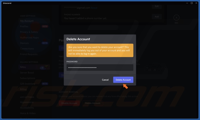 Type in your Discord password and click Delete Account