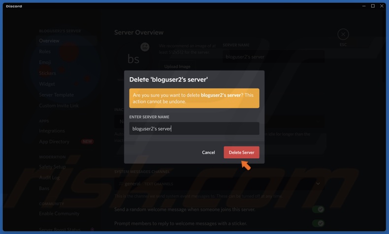 Type in the server name and click Delete Server