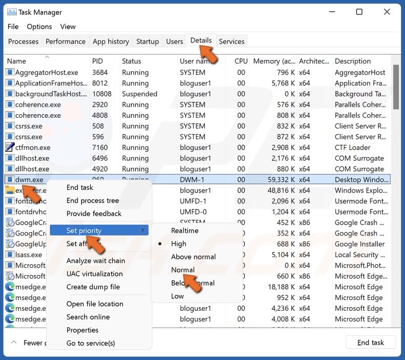 Set DWM.exe priority to Normal