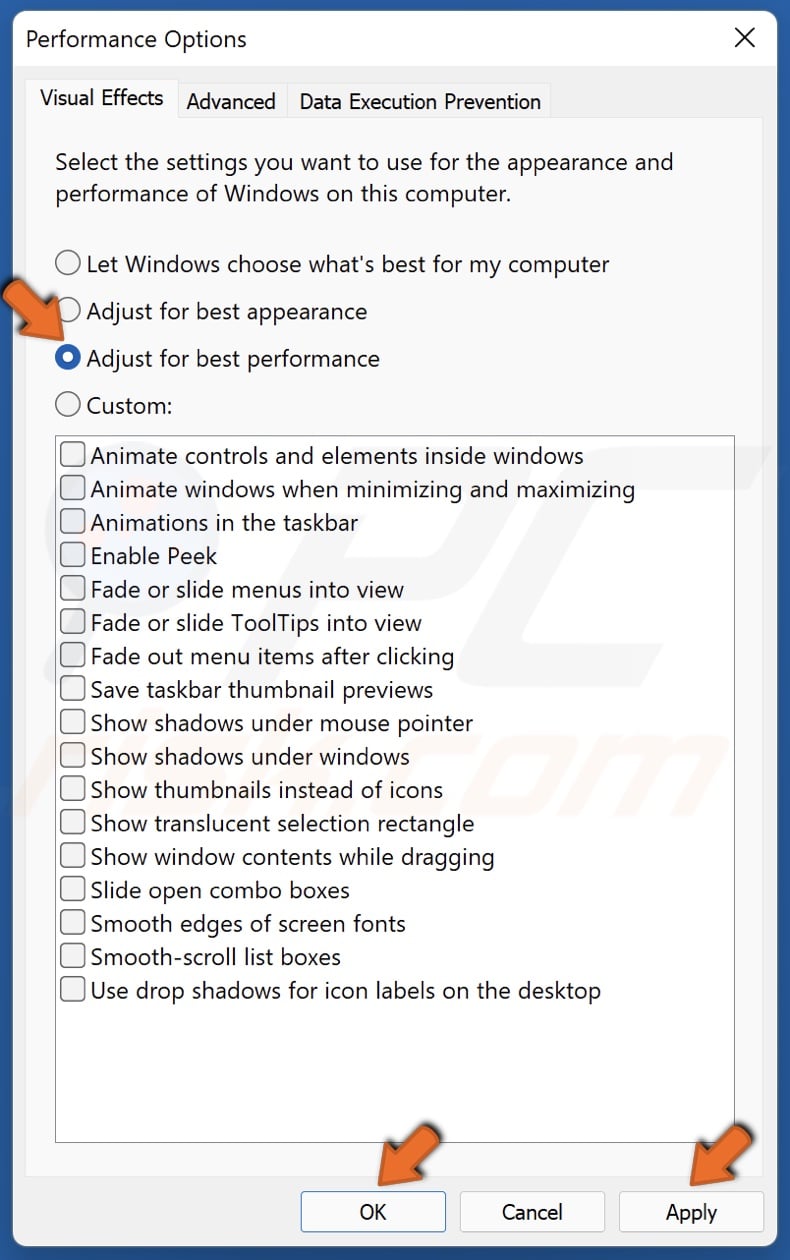 Tick Adjust for best performance and click Apply and click OK