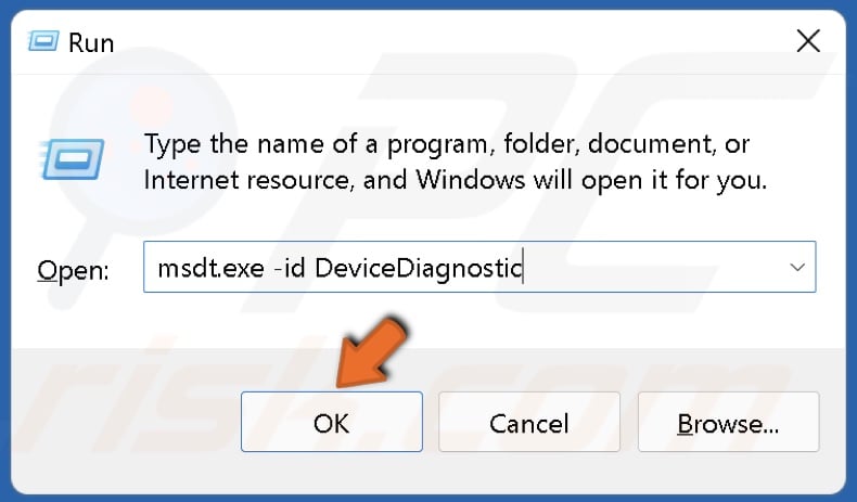 Type in msdt.exe -id devicediagnostic in Run and click OK