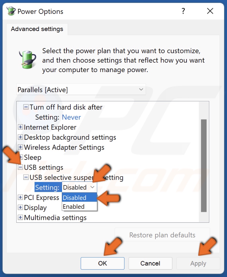 Disable the USB selective suspend setting
