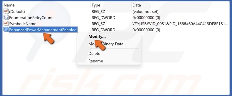 Right-click EnhancedPowerManagementEnabled and click Modify