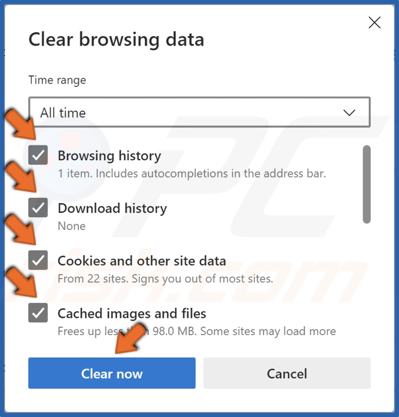 Mark Browsing history, Download history, Cookies and other site data, and Cached images and files and click Clear now