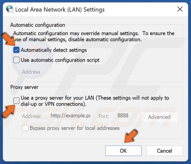 Disable the proxy server and mark Automatically detect settings