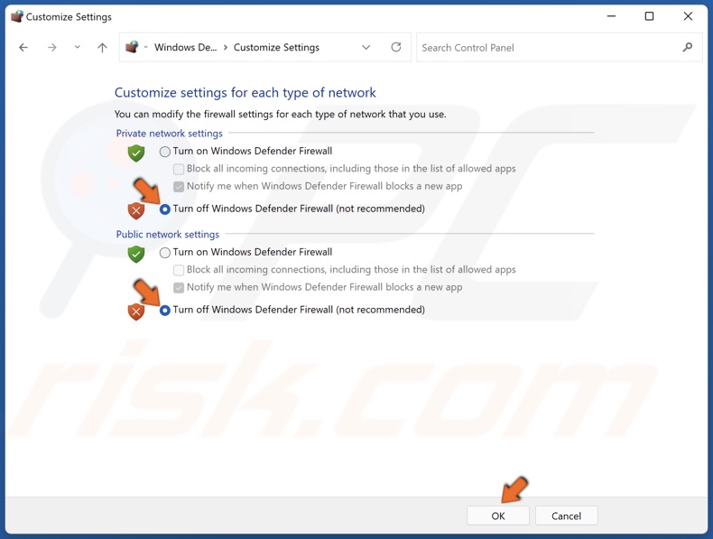 Turn off Windows Defender Firewall for private and public networks