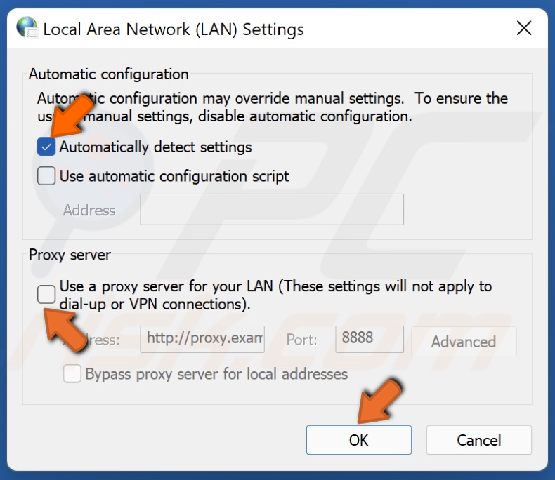 Unmark Use a proxy server for your LAN and mark Automatically detect settings