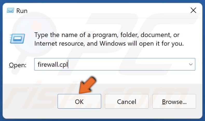 Type in firewall.cpl in Run and click OK