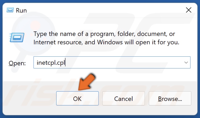 Type in inetcpl.cpl and click OK