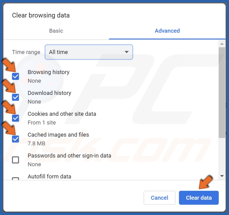 Mark all browsing data checkboxes and click Clear data