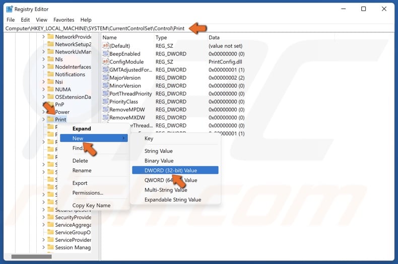 Right-click the Print registry key select New and click DWORD-32 bit Value