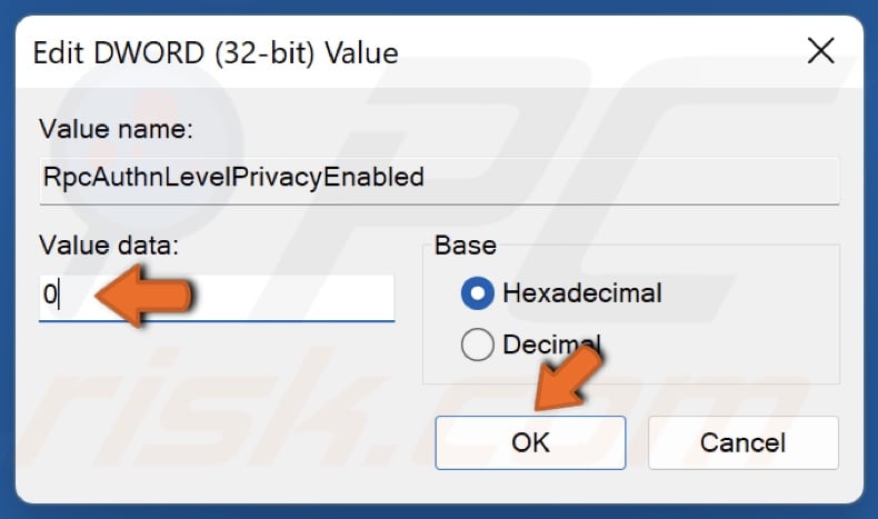 Set Value data to 0 and click OK