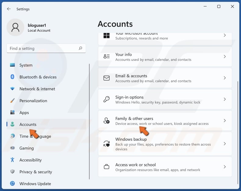 Select accounts and click Family & other users